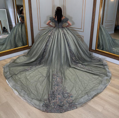 Off Shoulder Glittery Tulle Lace Appliqued Sweet 16 Quinceanera Dresses HE765