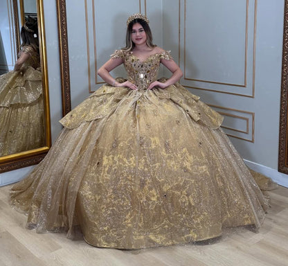 Off Shoulder Gold Luxury Tulle Applique Beaded Quinceanera Dresses for Sweet 16 HE767