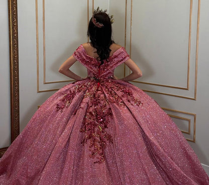 Glittery Tulle Off Shoulder Lace Beaded Ball Gown Quinceanera Dresses HE711