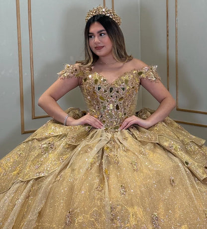 Off Shoulder Gold Luxury Tulle Applique Beaded Quinceanera Dresses for Sweet 16 HE767