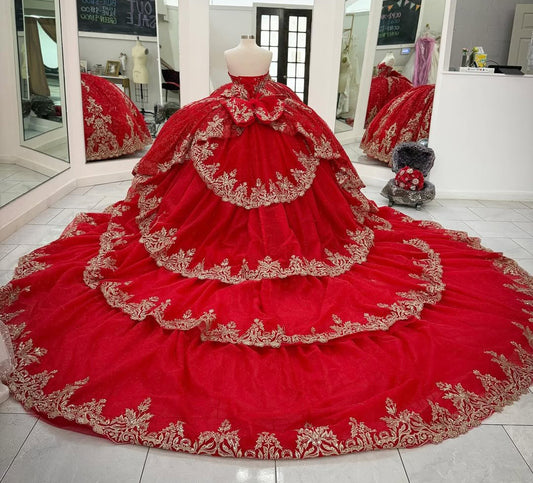 Princess Ball Gown V Neck Lace Appliqued Red Quinceanera Dresses with Ruffles HE684