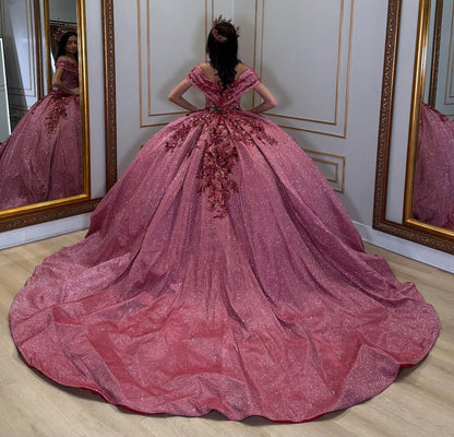 Glittery Tulle Off Shoulder Lace Beaded Ball Gown Quinceanera Dresses HE711