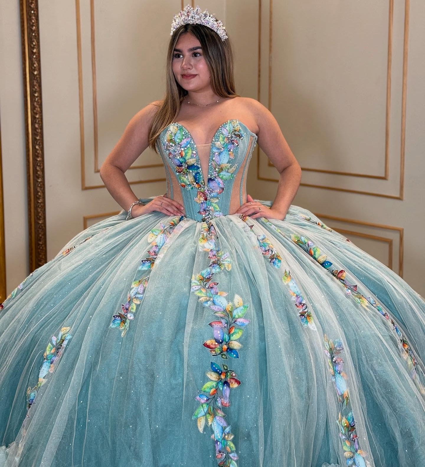 Sweetheart Ball Gown Tulle 3D Flowers Ruffles Princess Quinceanera Dresses HE870