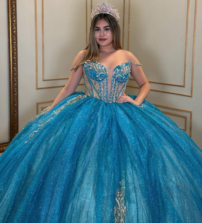 Glittery Tulle Lace Beaded Off Shoulder Quinceanera Dresses for Sweet 16 HE869