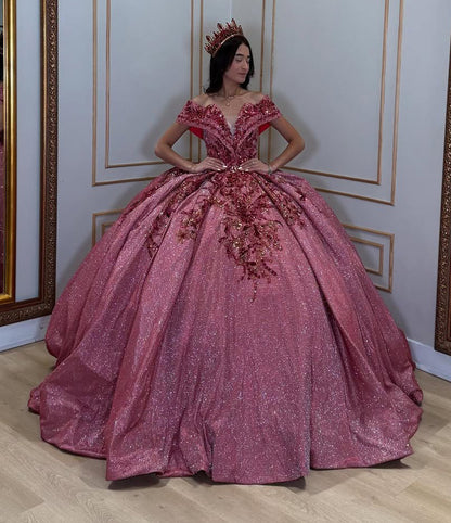 Glittery Tulle Off Shoulder Lace Beaded Ball Gown Quinceanera Dresses HE711