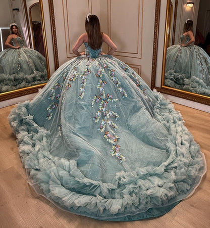 Sweetheart Ball Gown Tulle 3D Flowers Ruffles Princess Quinceanera Dresses HE870