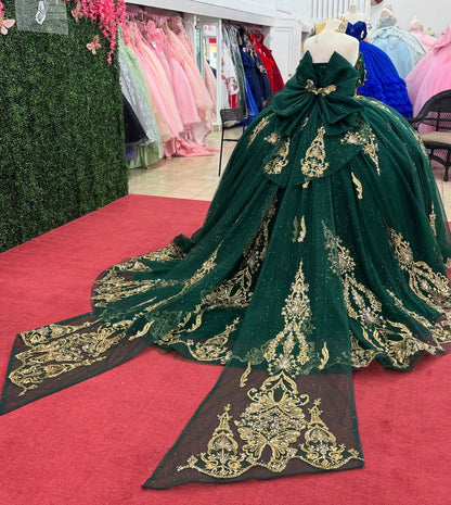 Ball Gown Luxury Tulle Lace Green Beaded Quinceanera Dresses with Bowknot HE951