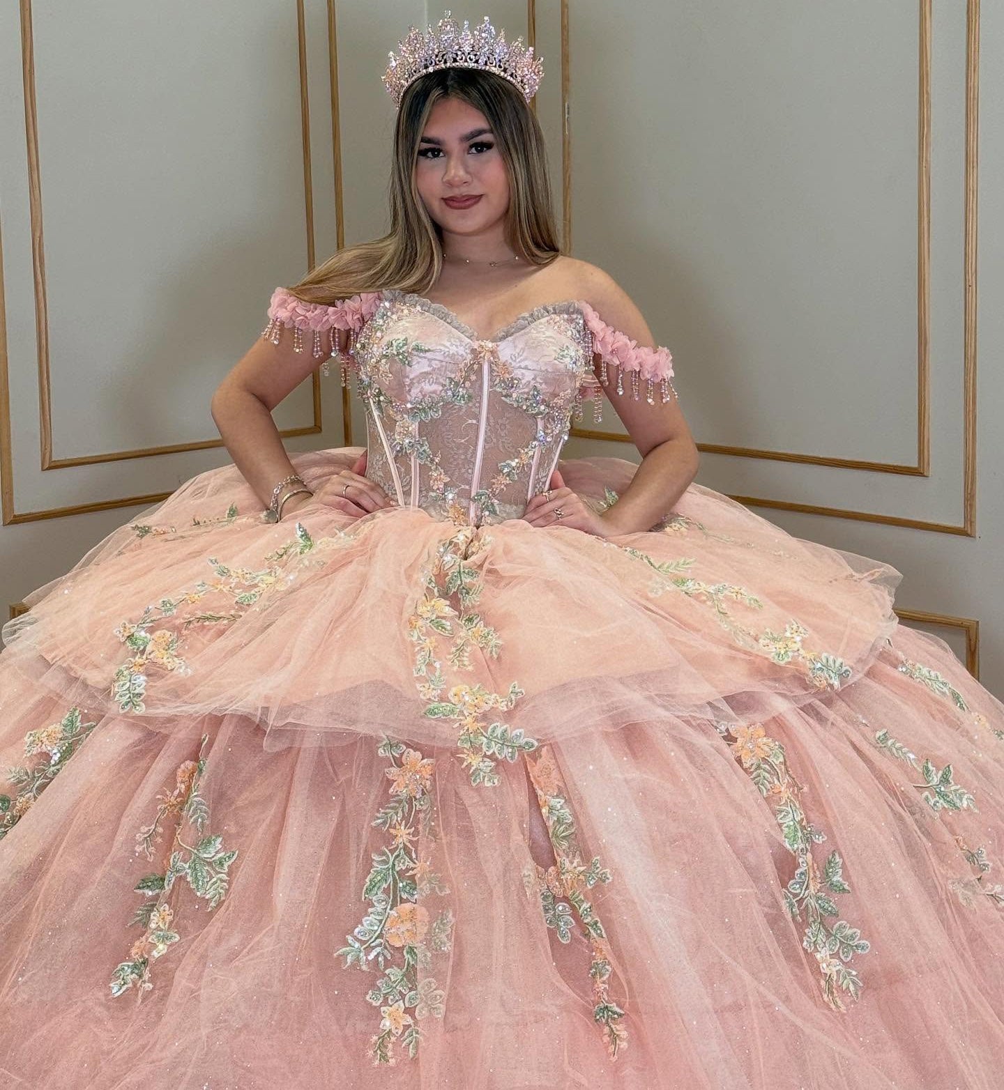 Off Shoulder Pink Corset Tulle 3D Flowers Princess Quinceanera Dresses HE871