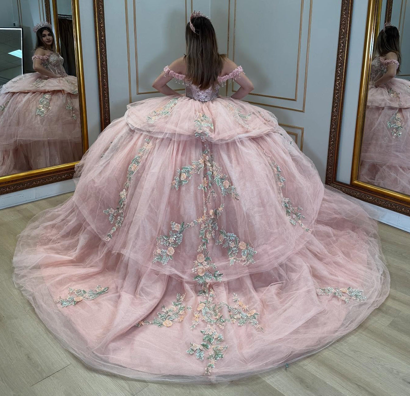 Off Shoulder Pink Corset Tulle 3D Flowers Princess Quinceanera Dresses HE871