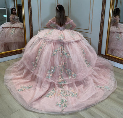 Off Shoulder Pink Corset Tulle 3D Flowers Princess Quinceanera Dresses HE871
