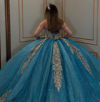 Glittery Tulle Lace Beaded Off Shoulder Quinceanera Dresses for Sweet 16 HE869