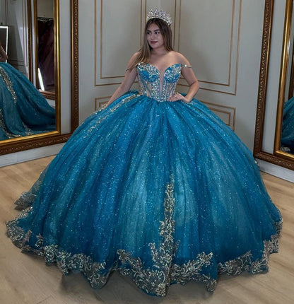 Glittery Tulle Lace Beaded Off Shoulder Quinceanera Dresses for Sweet 16 HE869
