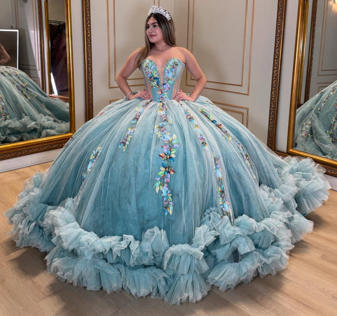 Sweetheart Ball Gown Tulle 3D Flowers Ruffles Princess Quinceanera Dresses HE870