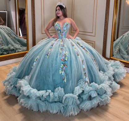 Sweetheart Ball Gown Tulle 3D Flowers Ruffles Princess Quinceanera Dresses HE870