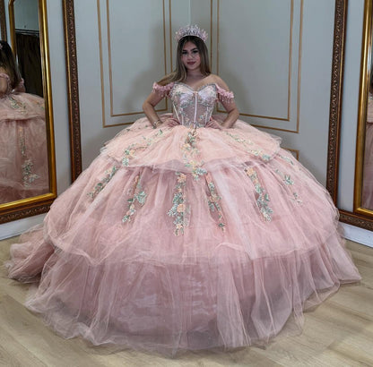 Off Shoulder Pink Corset Tulle 3D Flowers Princess Quinceanera Dresses HE871