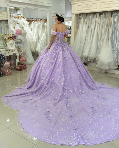 Off Shoulder Lilac Lace Beaded Corset Quinceanera Dresses for Sweet 16 Birthday HE1007