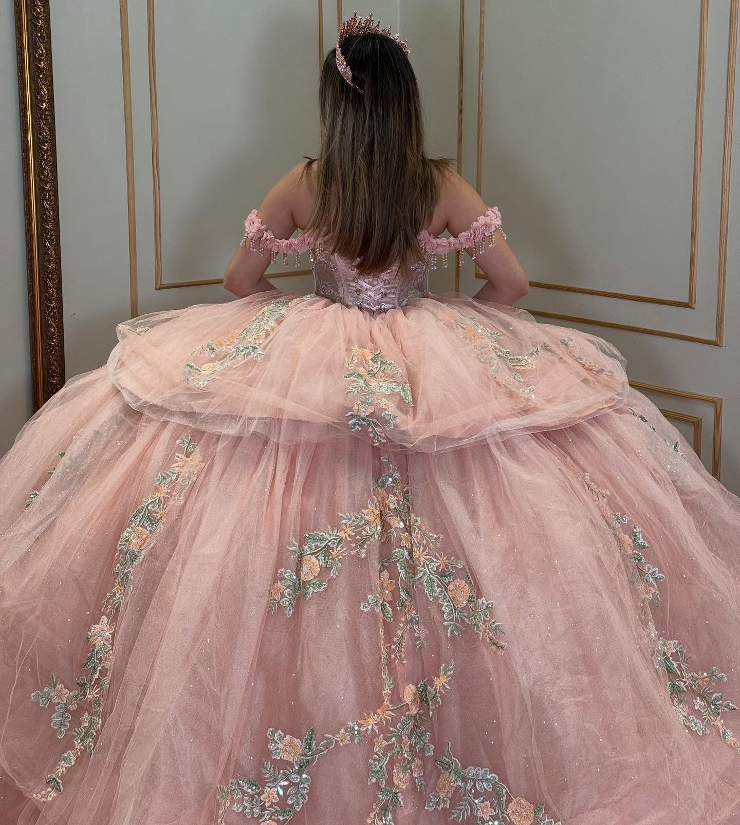 Off Shoulder Pink Corset Tulle 3D Flowers Princess Quinceanera Dresses HE871