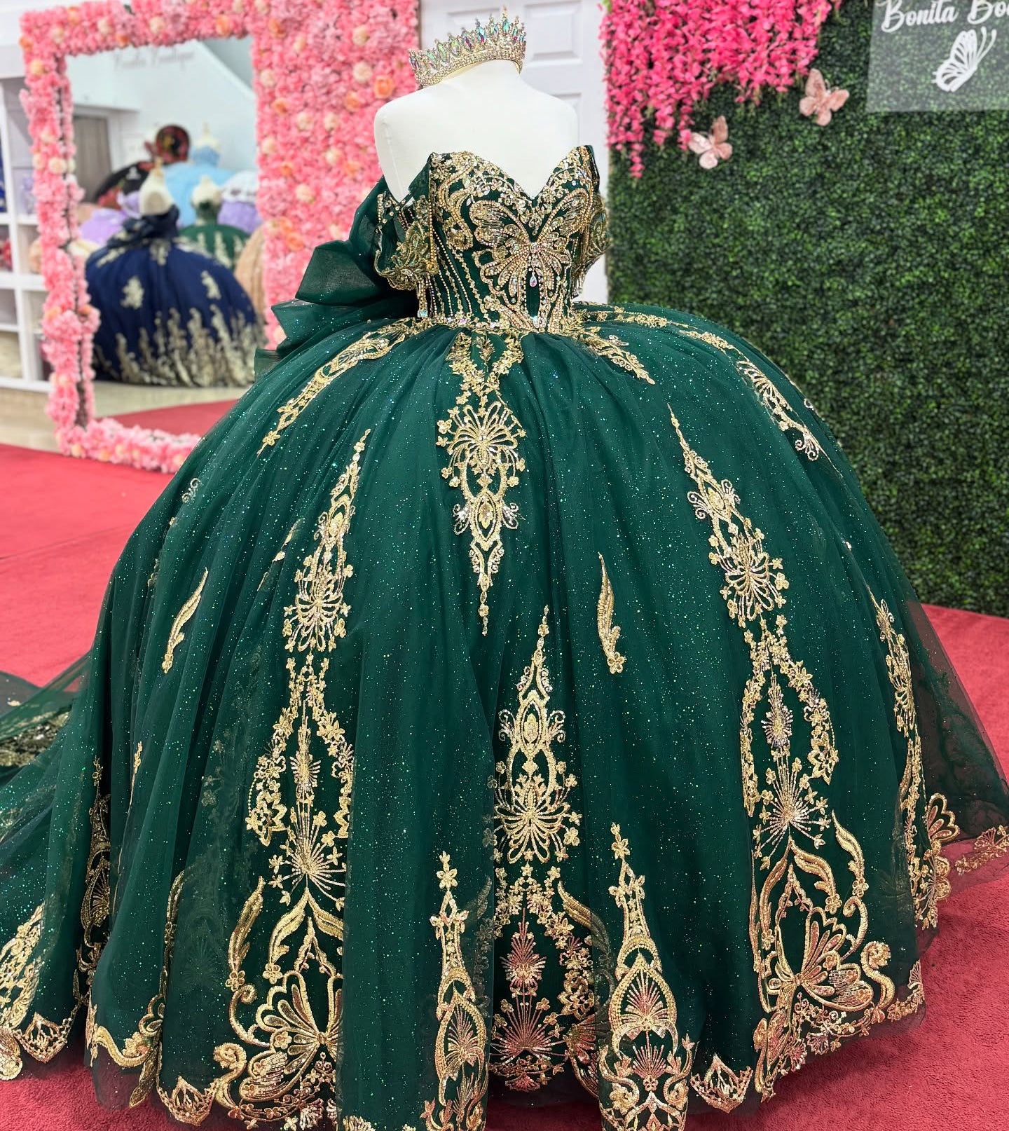 Ball Gown Luxury Tulle Lace Green Beaded Quinceanera Dresses with Bowknot HE951
