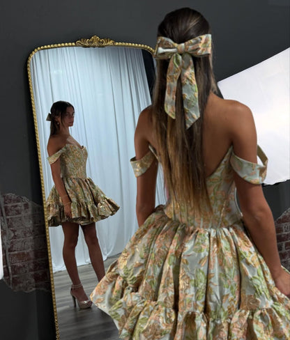 A Line Satin Floral Off Shoulder Corset Homecoming Dresses for Juniors HE759