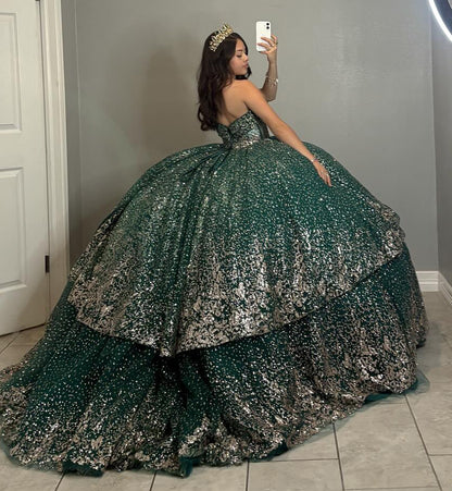 Glittery Tulle Sequin Beaded Corset Green Quinceanera Dresses with Ruffles HE813