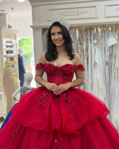 Off Shoulder Tulle Lace Beaded Sweet 16 Red Quinceanera Dresses for Birthday Party HE1008