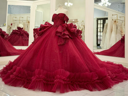 Off Shoulder Tulle Beaded Ruffles Ball Gown Red Quinceanera Dresses for Sweet 16 HE824