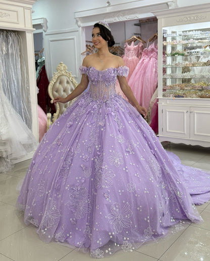 Off Shoulder Lilac Lace Beaded Corset Quinceanera Dresses for Sweet 16 Birthday HE1007