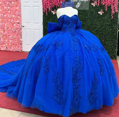 Ball Gown Tulle Lace Appliqued Quinceanera Dresses Off Shoulder Royal Party Gowns HE949