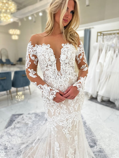 Off Shoulder Long Sleeves Tulle Lace Appliqued Mermaid Wedding Dresses for Bride HE791