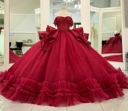 Off Shoulder Tulle Beaded Ruffles Ball Gown Red Quinceanera Dresses for Sweet 16 HE824