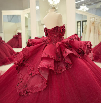Off Shoulder Tulle Beaded Ruffles Ball Gown Red Quinceanera Dresses for Sweet 16 HE824