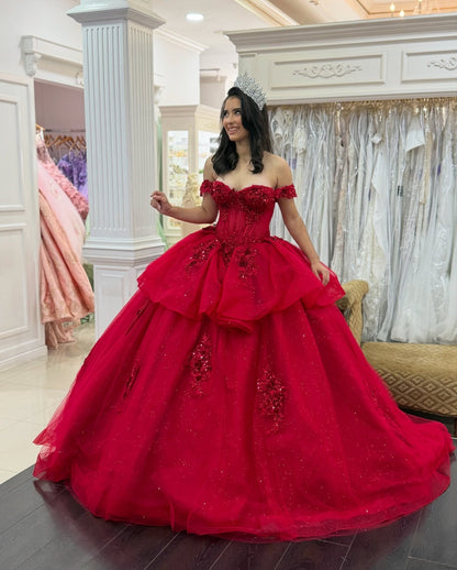 Off Shoulder Tulle Lace Beaded Sweet 16 Red Quinceanera Dresses for Birthday Party HE1008