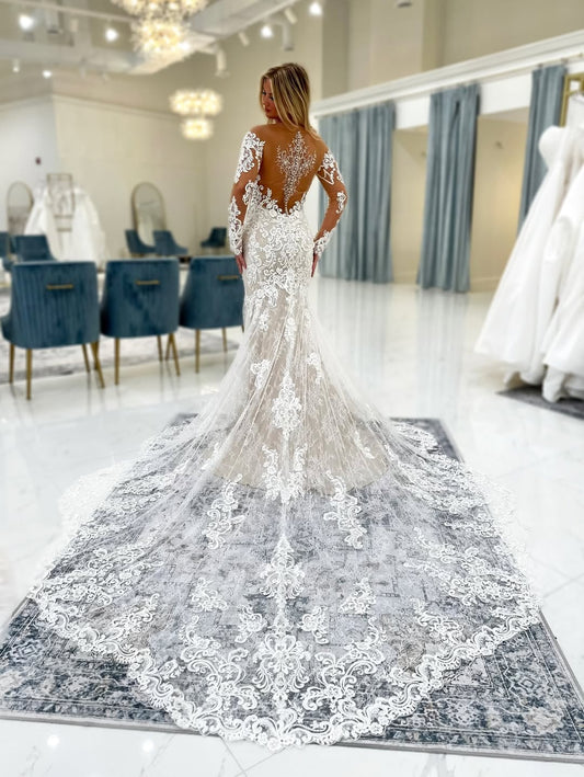 Off Shoulder Long Sleeves Tulle Lace Appliqued Mermaid Wedding Dresses for Bride HE791