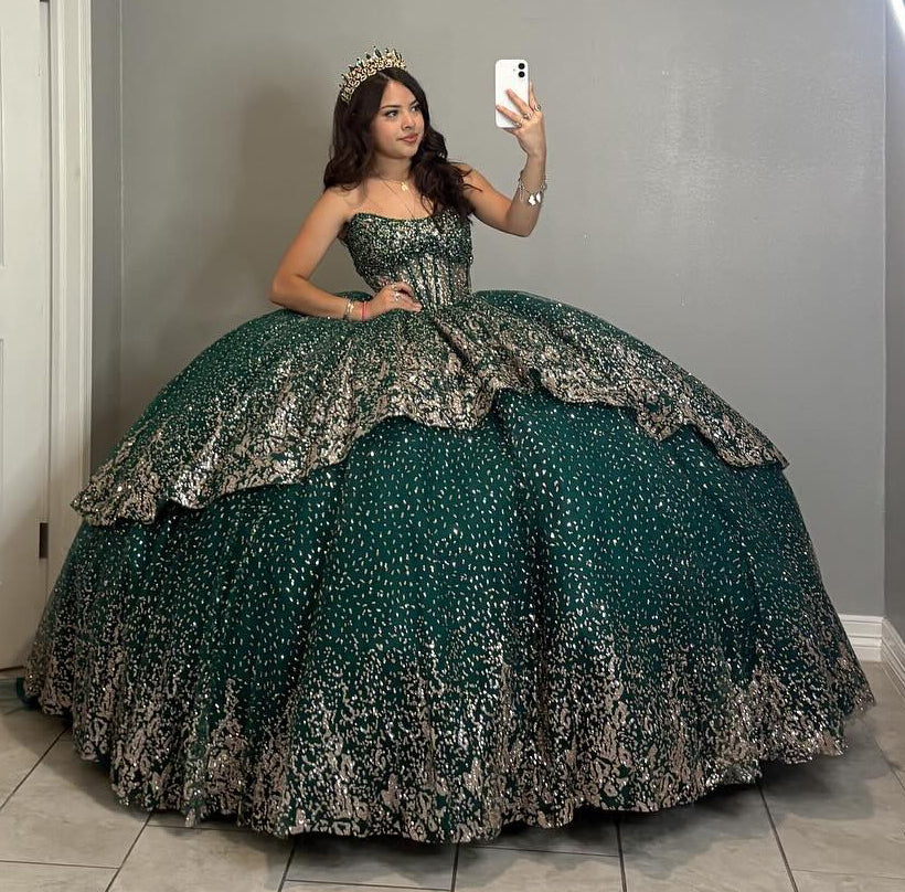 Glittery Tulle Sequin Beaded Corset Green Quinceanera Dresses with Ruffles HE813