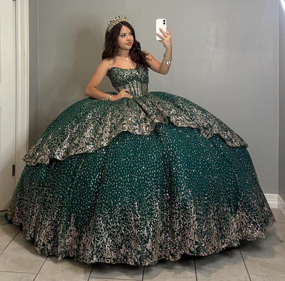 Glittery Tulle Sequin Beaded Corset Green Quinceanera Dresses with Ruffles HE813