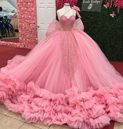 Ball Gown Tulle Ruffles Sweetheart Appliqued Pink Quinceanera Dresses for Sweet 16 HE950