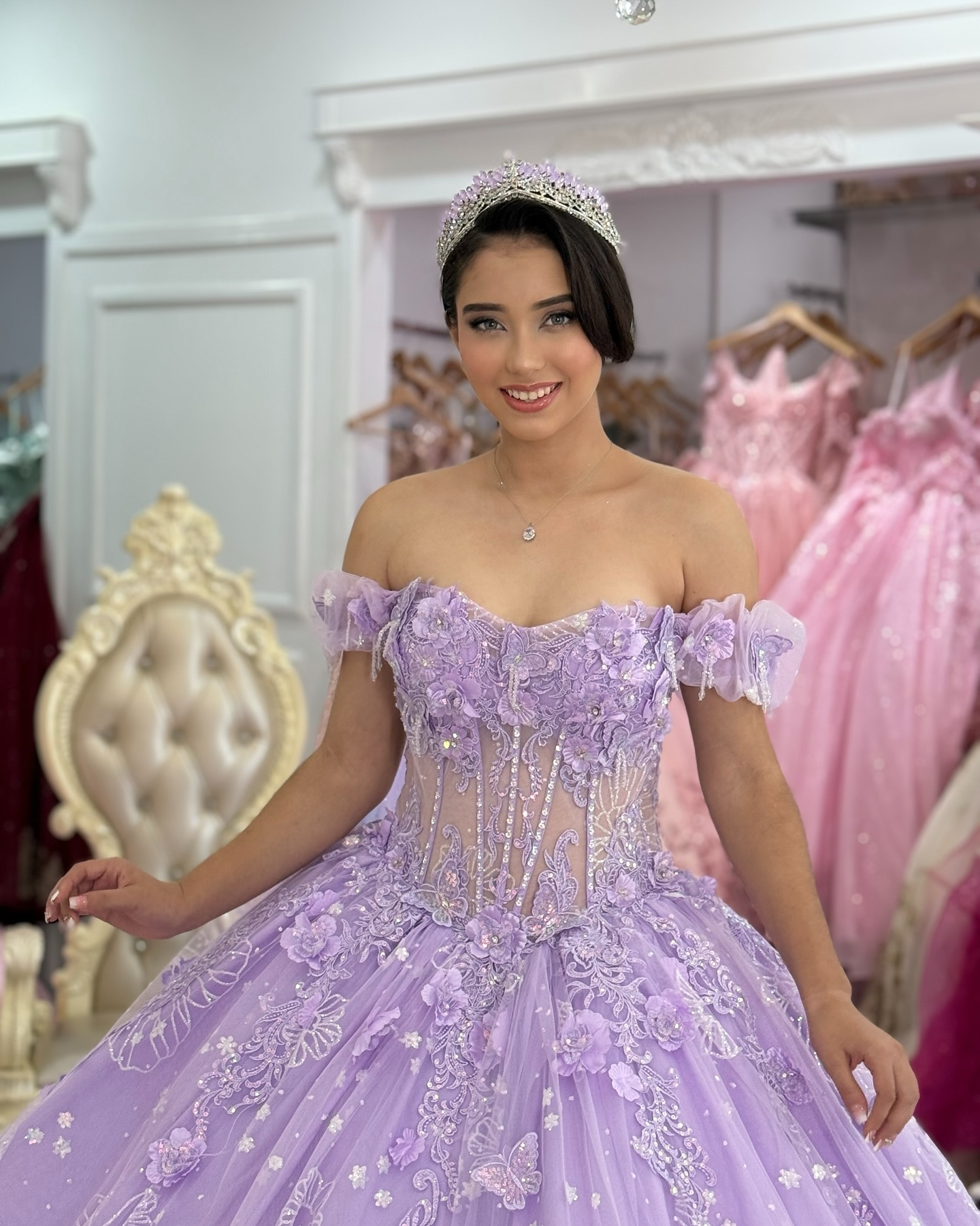 Off Shoulder Lilac Lace Beaded Corset Quinceanera Dresses for Sweet 16 Birthday HE1007