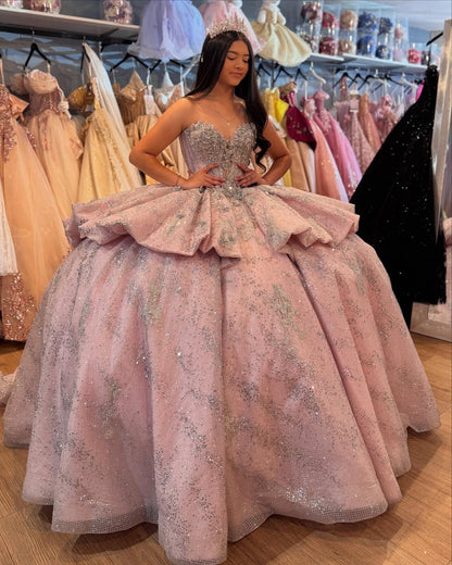 Sweetheart Pink Tulle Sequin Beaded Ball Gown Quinceanera Dresses for Sweet 16 HE768