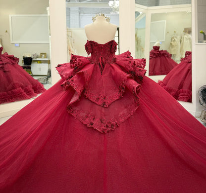 Off Shoulder Tulle Beaded Ruffles Ball Gown Red Quinceanera Dresses for Sweet 16 HE824