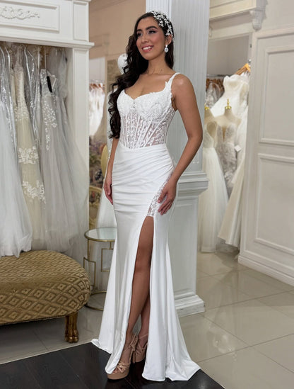 Women's Mermaid Satin Lace Appliqued Wedding Dresses V Neck Wedding Gowns with Split HE1058