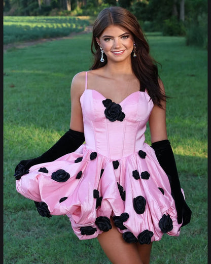 A Line Sweetheart Pink 3D Flowers Homecoming Dresses Short for Juniors HE786