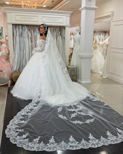 Off Shoulder Tulle Lace Appliqued Boho Wedding Dresses Long Sleeves Wedding Gowns for Bride HE1054