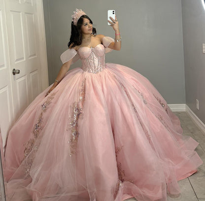 Vestidos de quinceañera con hombros descubiertos, tul princesa, apliques, vestidos de quinceañera HE530
