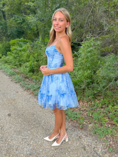 Sweetheart A Line Corset Floral Print Knee Length Homecoming Dresses HE785