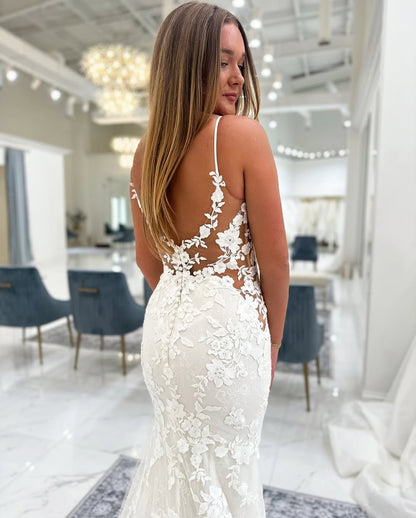 Mermaid V Neck Tulle Lace Appliqued Backless Wedding Dresses for Bride HE806