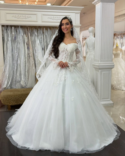 Off Shoulder Tulle Lace Appliqued Boho Wedding Dresses Long Sleeves Wedding Gowns for Bride HE1054