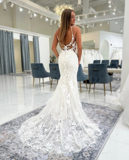 Mermaid V Neck Tulle Lace Appliqued Backless Wedding Dresses for Bride HE806