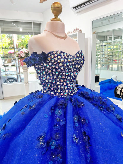Off Shoulder Tulle Crystal Beaded Royal Quinceanera Dresses Sweet 16 Birthday Party Gowns HE1050