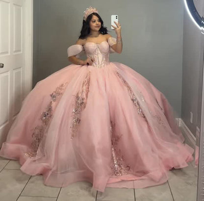 Vestidos de quinceañera con hombros descubiertos, tul princesa, apliques, vestidos de quinceañera HE530