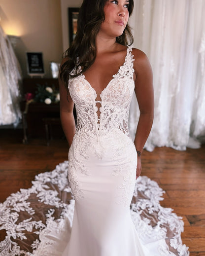 Mermaid Satin Lace V Neck Beach Wedding Gowns Bridal White Wedding Dresses HE828